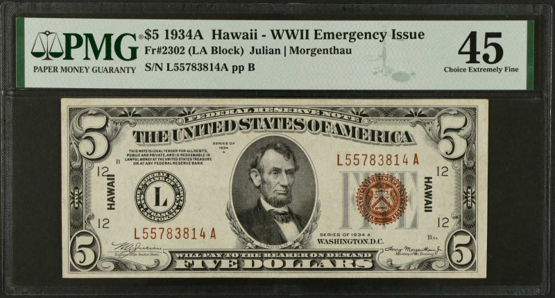 Fr. 2302. 1934A $5 Hawaii Emergency Note. PMG Choice Extremely Fine 45.
Good ap...