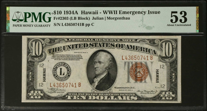 Fr. 2303. 1934A $10 Hawaii Emergency Note. PMG About Uncirculated 53.
A popular...