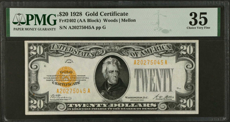 Fr. 2402. 1928 $20 Gold Certificate. PMG Choice Very Fine 35.
Dark gold overpri...