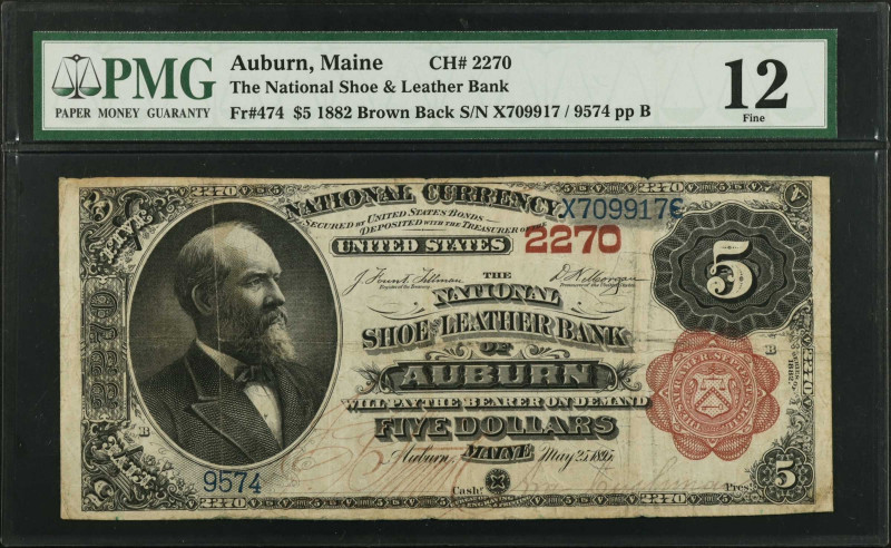 Auburn, Maine. $5 1882 Brown Back. Fr. 474. The National Shoe & Leather Bank. Ch...