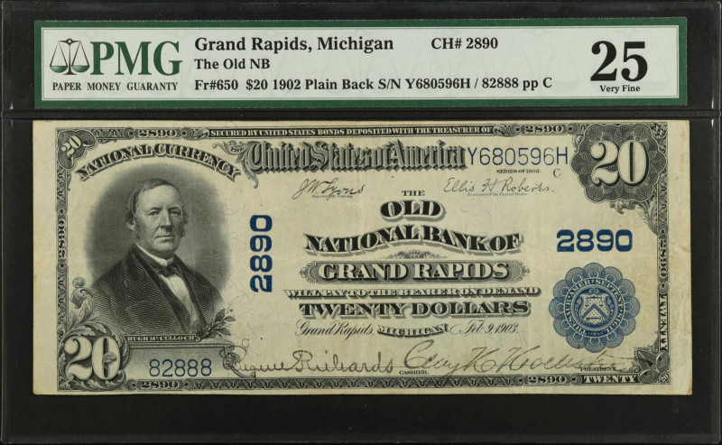 Grand Rapids, Michigan. $20 1902 Plain Back. Fr. 650. The Old NB. Charter #2890....