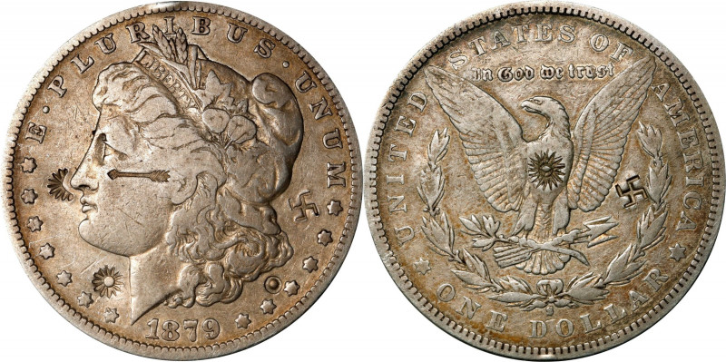 (suns), (arrow), and (swastikas) on one or both sides of an 1879-S Morgan silver...