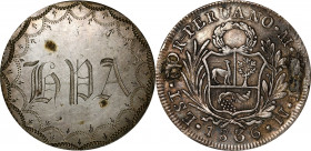 Ornate Engraving on a Peru 1836 8 reales, KM-155. Host coin Very Fine, mount removed.
The obverse has been replaced with an ornate engraving featurin...