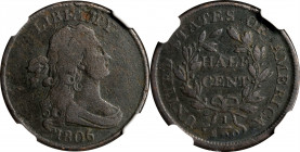 1806 Draped Bust Half Cent. C-2. Small 6, Stems to Wreath. Fine Details--Corrosion (NGC).
PCGS# 35194. NGC ID: 222J.

Estimate: $0.00- $0.00