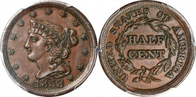 1853 Braided Hair Half Cent. AU-55 (PCGS). CAC.
PCGS# 1227. NGC ID: 26YX.

Estimate: $0.00- $0.00