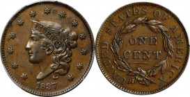 1837 Modified Matron Head Cent. Plain Cords, Medium Letters. EF-45 (PCGS).
PCGS# 1735.

Estimate: $0.00- $0.00