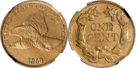1858/7 Flying Eagle Cent. FS-301. Late Die State. Large Letters, High Leaves (Style of 1857), Type I. MS-61 (NGC).
PCGS# 37383. NGC ID: 2277.

Esti...
