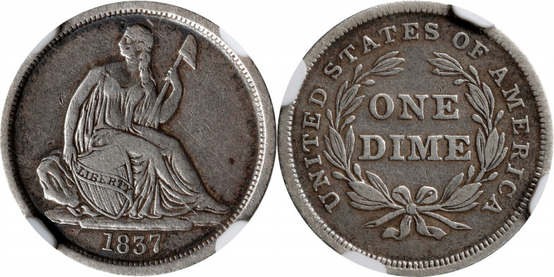 1837 Liberty Seated Dime. No Stars. Large Date. VF Details--Improperly Cleaned (...