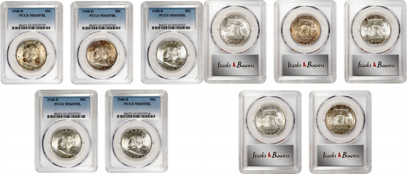 Lot of (5) 1948-D Franklin Half Dollars. MS-65 FBL (PCGS).
PCGS# 86652. NGC ID:...