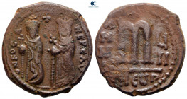 Phocas, with Leontia AD 602-610. Byzantine. Follis Æ