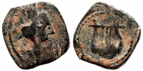 SYRIA, Seleucis and Pieria (?). Pseudo-autonomous, circa 2nd century AD. Ae (bronze. 0.73 g, 10x9 mm) Turreted head of Tyche right. Rev. Lyre. Nearly ...