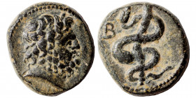 SYRIA, Seleucis and Pieria. Antioch. Pseudo-autonomous, 2nd century. Ae Tessera (bronze, 3.54 g, 15 mm) Head of Asklepios left. Rev. Serpent-entwined ...