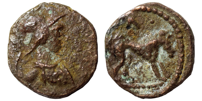 Uncertain. Ae (bronze, 0.58 g, 10 mm). Bust of Athena, right. Rev. Horse, standi...