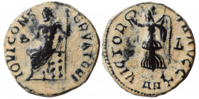 Time of Maximinus II, 310-313. Follis (bronze, 1.66 g, 15 mm), ‘Persecution’ issue, Antioch. IOVI CONSERVATORI Jupiter seated left, holding globe in h...