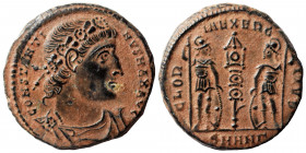 Constantine I, 307/310-337. Follis (bronze, 1.70 g, 16 mm ), Antioch. CONSTANTINVS MAX AVG rosette-diadem, draped, cuirassed bust right. Rev. GLORIA E...