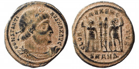 Constantine I, 307/10-337. Follis (bronze, 1.82 g, 20 mm), Antioch. CONSTANTINVS MAX AVG Diademed, draped and cuirassed bust right. Rev. GLORIA EXERCI...