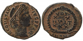 Constantius II, 337-361. Nummus (bronze, 1.58 g, 15 mm), Antioch. DN CONSTANTIVS PF AVG pearl-diademed, draped and cuirassed bust right. Rev. VOT XX M...