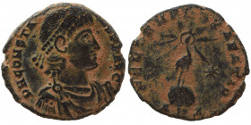 Constantius II, 337-361. Follis (bronze, 2.10 g, 17 mm), Antioch. D N CONSTANTIVS P F AVG Pearl-diademed, draped, and cuirassed bust right. Rev. FEL T...