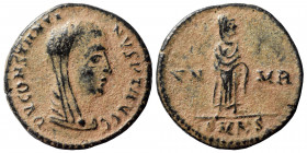Divus Constantine I, died 337. Follis (bronze, 1.64 g, 17 mm), Cyzicus. D V CONSTANTINVS PT AVGG, veiled, draped and cuirassed head right. Rev. Consta...