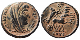 Divus Constantine I, died 337. Follis (bronze, 1.28 g, 16 mm), Constantinople. DV CONSTANTINVS P T AVGG Veiled head of Divus Constantine I to right. R...