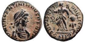 Valentinian II, 375-392. Follis (bronze, 0.87 g, 13 mm). D N VALENTINIANVS P F AVG - pearl-diademed, draped, and cuirassed bust right Rev. SALVS REI P...