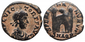 Flavius Victor, 387-388. Follis (bronze, 1.00 g, 13 mm), Aquileia. DN FL VICTOR P F AVG diademed, draped and cuirassed bust right. Rev. SPES ROMANORVM...