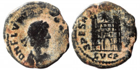 Flavius Victor, 387-388. Follis (bronze, 1.03 g, 14 mm), Lugdunum. DN FL VICTOR P F AVG Diademed, draped and cuirassed bust right. Rev. SPES ROMANORVM...