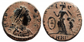 Arcadius, 388-392. Nummus (bronze, 1.16 g, 13 mm), Nicomedia. D N AR[CADIUS P F AVG] pearl-diademed, draped and cuirassed bust right. Rev. [SALVS REI ...