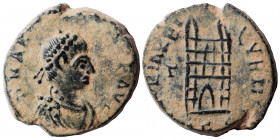 Arcadius 383-388, Nummus (bronze, 1.39 g, 13 mm) Thessalonica. D N AR[CADIVS P] F AV[G] pearl-diademed, draped and cuirassed bust right. Rev. GLORIA R...