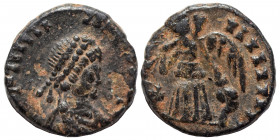 Arcadius, 383-408, contemporary or barbarious imitation. Nummus (bronze, 1.20 g, 12 mm), Uncertain mint.Diademed and draped bust right. Rev. Victory a...