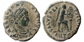 Aelia Eudoxia, 400-404. Follis (bronze, 2.47 g, 18 mm), Antioch. AEL EVDOXIA AVG diademed and draped bust right, being crowned manus Dei above. Rev. S...