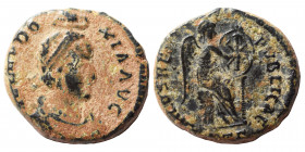 Aelia Eudoxia, 400-404. Follis (bronze, 3.21 g, 17 mm), Antioch. AEL EVDOXIA AVG diademed and draped bust right, being crowned manus Dei above. Rev. S...