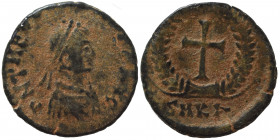 Theodosius II, 402-450. Nummus (bronze, 0.82 g, 13 mm), Cyzicus. D N THEODO - SIVS P F AVG Pearl-diademed, draped and cuirassed bust of Theodosius II ...