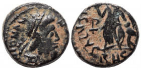 Johannes, usurper, 423-425. Ae (bronze, 1.53 g, 12 mm), Rome. [D N] IOHANN[ES P F AVG] Pearl-diademed, draped and cuirassed bust of Johannes to right....