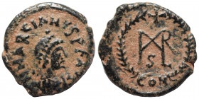 Marcian, 450-457. Nummus (bronze, 0.84 g, 12 mm), Constantinople. D N MARCIANVS P F AV Diademed, draped and cuirassed bust right. Rev. Monogram in wre...
