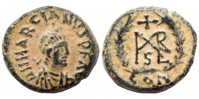 Marcian, 450-457. Nummus (bronze, 1.41 g, 12 mm), Constantinople. D N MARCIANVS P F AV Diademed, draped and cuirassed bust right. Rev. Monogram in wre...