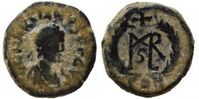 Marcian, 450-457. Nummus (bronze, 1.21 g, 12 mm), Constantinople. D N MARCIANVS P F AV Diademed, draped and cuirassed bust right. Rev. Monogram in wre...