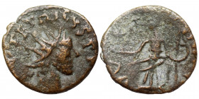 Barbarous Imitation of Tetricus follis, circa 4/5th century. Ae (bronze 0.66 g, 12 mm). Bust right, blundered legend around. Rev. Figure standing, hol...