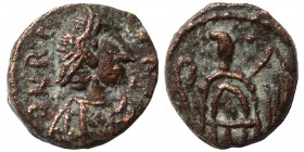 Vandals, Thrasamund, 496-523. Nummus (bronze, 0.85 g, 10 mm), Carthage. Pearl-diademed, draped, and cuirassed bust right. Rev. Victory advancing left,...