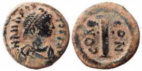 Anastasius I, 491-518. Decanummium (bronze, 2.61 g, 18 mm), Constantinople. D N ANASTASIVS P P AVG, diademed, draped and cuirassed bust to right. Rev....