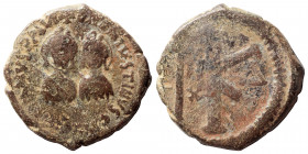 Justin I & Justinian I, 527. Half Follis (bronze, 8.13 g, 25 mm), Antioch. D N D N IVSTINVS ЄT IVSTINV P P AVG Diademed, draped and cuirassed busts of...