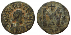 Justinian I, 527-565. Follis (bronze, 13.80 g, 28 mm), Constantinople. IVSTINIANVS (or similar – retrograde!) Diademed, draped, and cuirassed bust rig...