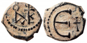 Justin II, 565-578. Pentanummium (bronze, 1.51 g, 15 mm), Theoupolis (Antioch). Monogram of Justin II. Rev. Large Є, cross to right. SB 386. Good fine...