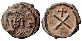 Tiberius II Constantine. 578-582. Decanummium (bronze, 2.13 g, 17 mm). Constantinople. Crowned, draped, and cuirassed bust facing. Rev. Large X, cross...