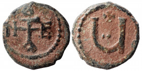 Tiberius II Constantine, 578-582. Pentanummium (bronze, 1.38 g, 14 mm), Theoupolis (Antioch). Monogram of Tiberius II Constantine. Rev. Large Ч; above...