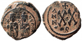 Phocas, with Leontia, 602-610. Half Follis (bronze, 5.92 g, 22 mm). Antioch, RY 2 (603/4). D N FOCA NЄ PЄ AVG. Phocas, holding globus cruciger, and Le...
