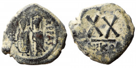 Phocas, with Leontia, 602-610. Half Follis (bronze, 6.22 g, 24 mm), Nicomedia. om FOCA PP AVG. Phocas, holding globus cruciger, and Leontia, holding c...