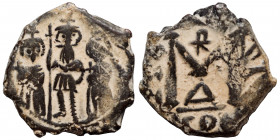 Heraclius, with Martina and Heraclius Constantine, 610-641. Follis (bronze, 5.39 g, 23 mm), Constantinople. Heraclius between Martina, on left, and He...