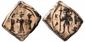 Constans II, with Constantine IV, Heraclius, and Tiberius, 641-668. Follis (bronze, 3.63 g, 20x18 mm), Constantinople, RY 21 (661/2). Constans II stan...