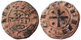 CRUSADERS. Principality of Antioch. Raymond of Poitiers, 1136-1149. Fractional Denier (bronze, 0.85 g, 17 mm). +PRINCEPS Cross pattée with pellet in e...